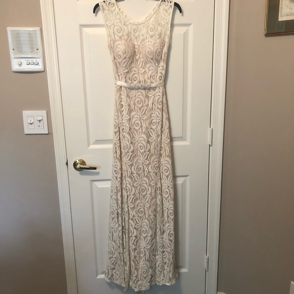 Floral White Lace Open Back with Ribbon Prom Dress